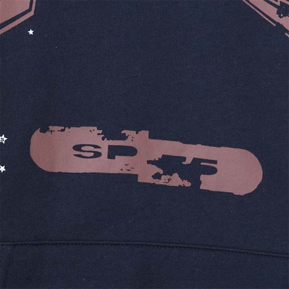 Sp5der Navy Blue & Brown Logo Pullover Hoodie Sweatshirt - Picture 9 of 13
